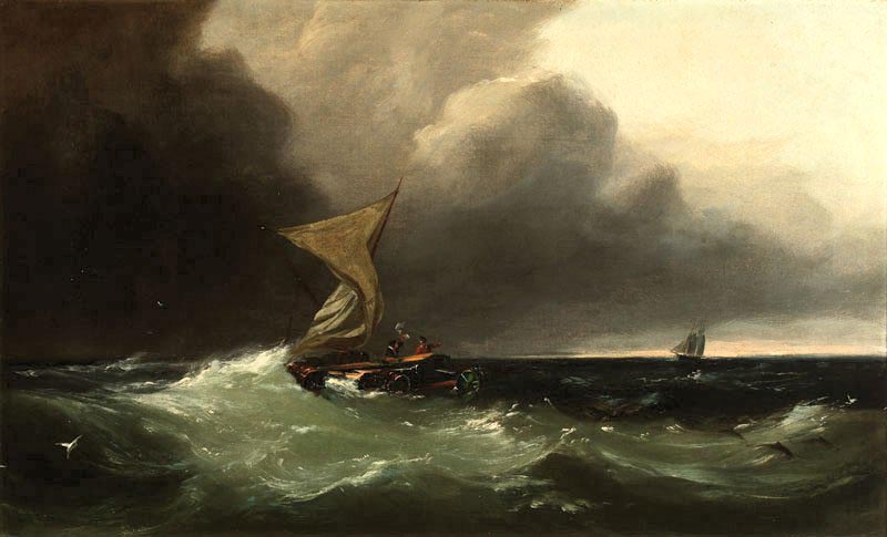 Shipwrecked figures signaling to a distant sailing ship, oil painting by Gideon Jacques Denny